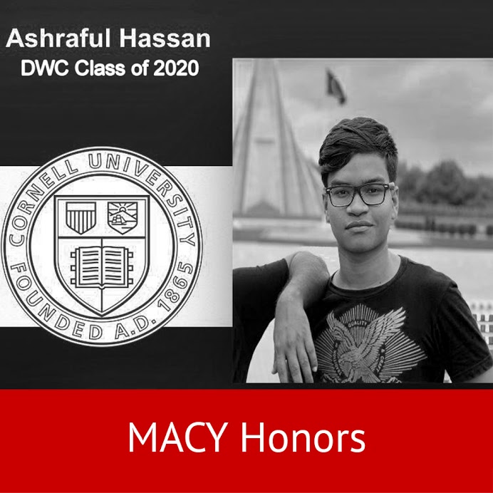 Macy Honors graduate Ashraful Hassan, Class of 2020, featured in school media celebrating his Cornell University match